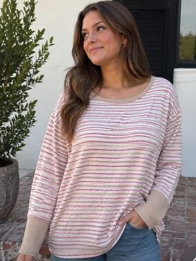 Blue Mint Womens Sz Large Striped Long Sleeve Top With Contrasting Waffle Knit